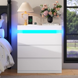 Nightstand with Charging Station and LED Lights, Night Stand with 3 Storage Drawers, Modern Bedside Table for Bedroom, End Side Table for Living Room (White)