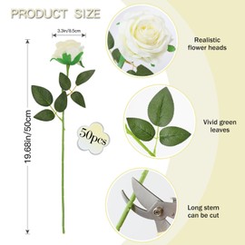 FLORRALIA 50PCS Artificial Silk Roses Flowers – Realistic Fake Roses in Bulk & Bouquet Long Stem White Rose for Wedding Centerpieces, Home Decor, Floral Arrangements, Party Decoration (White)