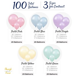 100 Pastel Balloons Assorted Colors & Size – Rainbow Birthday Party Decorations – Macaron Balloons in Blue, Purple, Yellow, Green & Pink – Matte Colored Supplies for Spring, Candy, Easter, & Unicorn