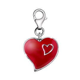 Quiges Red Enamel 2 Hearts Clip On Charm Pendant Silver Plated Women's Jewellery
