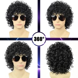 Gruee Hair Black Curly Wig + Glasses for Men Disco Costume Heat Reesistant Synthetic Short Curly Wig for Funny Halloween Cosplay Party