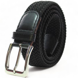 Comfortable Elastic Woven Stretch Belt - Stretchbelt - Fabric Belt - Braid with PU Leather for Women and Men - Black