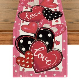 Artoid Mode Pink Polka Dot Heart Love Valentine's Day Table Runner, Anniversary Wedding Kitchen Dining Table Decoration for Home Party Decor 13x72 Inch