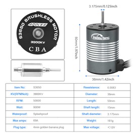 Hobby Fans Waterproof S3650 3900KV Brushless Motor 3.175mm Shaft with 60A Senseless Brushless ESC Electric Speed Controller Combo Set and Heatsink for 1/10 RC Car Truck, Black