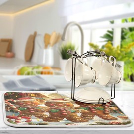 Christmas Gingerbread Snow Dish Drying Mat for Kitchen Counter 16 x 18 in Rack Mat Candy Microfiber Dry Dishes Mats Drainer Mat Dish Drying Pad Countertops Mat