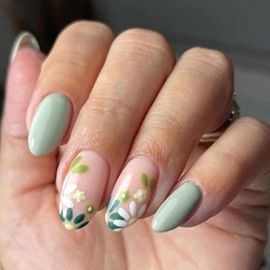 Pack of 24 False Nails, Short Almond False Nails, French Green Flower, Acrylic, Press On Nails, 12 Sizes, Glue-On Nails for Women and Girls, Party and Home DIY