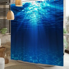 Xiaoterna Ocean Shower Curtain Water Shower Curtain Summer Holidays in Beach Pool Sea Shower Curtain Deep Sea Blue Ocean Scenery Shower Curtain Machine Washable Waterproof Fabric 240x180cm
