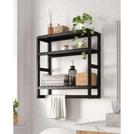 Galood Over The Toilet Storage Bathroom Shelves Wall Mounted 3 Tier Space Saver Corner Shelf Organizer Bamboo Towel Rack Toilet Paper Cabinet with Hanging Rod Black