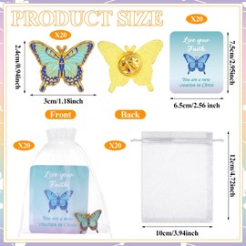 20 Set Christian Faith Gifts Blue Butterfly Pin Badge Religious Christ Faith Christian Lapel Pins Brooches with Bible Verse Card Organza Bag for Women Church Sunday School Communion Party Favour