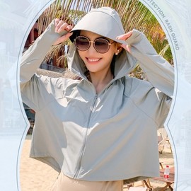 Women's UV Protection Hooded Top for Beach and Water Activities Rash Guard Gray