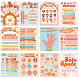 Faccito 12 Pcs Retro Calming Corner Posters for Classroom, Groovy Feelings Chart Mental Health Posters Emotions Mental Health Calm Down Corner Supplies for Kids Elementary Home School Wall Decor