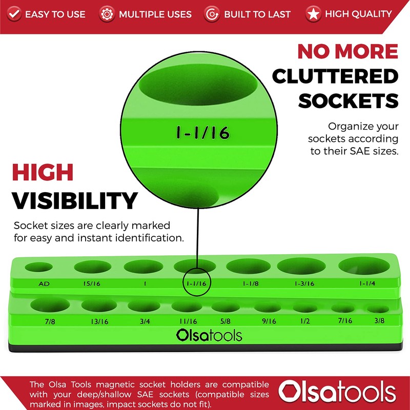 Olsa Tools Magnetic Socket Organizer 1/2-Inch Drive Metric, Green