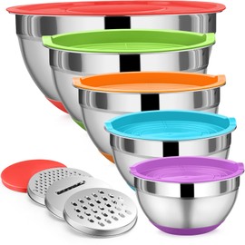 P&P CHEF 5 Piece Mixing Bowls with Lids, Stainless Steel Mixing Nesting Bowl Set for Storing Serving, 3 Grater Attachments & Non-Slip Bottoms, Size 1/1.5/2 / 2.6/4.6 QT, Colorful
