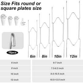 NQEUEPN 4 Pack Plate Hangers for The Wall, 6/8/10/12 Inch Plate Wall Holder Stainless Steel W-Shaped Plate Hooks Vertical Dish Display Wall Mount for Decorative Plates Antique Arts (Silver)