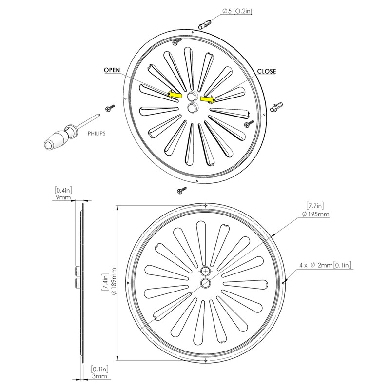 Adjusted Circular Air Vent Grate INOX AISI 316, Stainless Steel