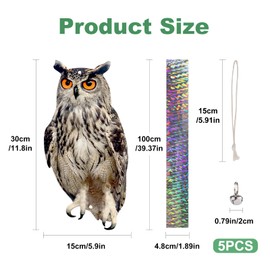Lifreer Bird Scarers for Gardens, 5PCS Owl Shape Reflective Deterrents Owl Hanging Decoration Bird Control Device to Keep Birds Away from Garden Patio Windows