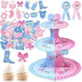 Reallnaive 39 Pcs Gender Reveal Party Set Includes Boy or Girl Cupcake Stand with Cupcake Toppers and Daddy and Mommy to Be Badge Pin for Baby Shower Celebration Party Favors Centerpiece