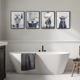 Framed Funny Highland Cow Wall Art for Bathroom Decor, 4 Piece Navy Blue Prints Paintings Artwork for Walls, Fun Cute Cow Sitting on Toilet in Bathtub Pictures for Bathroom Wall Decor 12x16 Inch