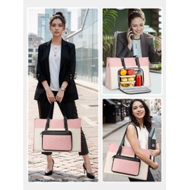 MATEIN Lunch Tote Bag for Women, 15.6 Inch Laptop Purse with Lunch Compartment, Waterproof PU Leather Briefcase with Insulated Pocket, Office Handbag for Work, Daily Use, Gifts for Ladies, Beige Pink