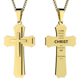 putouzip Multi-Layered Cross for Men 18K Gold Plated Pendant 316L Stainless Steel Cuban Link Chain Necklace Back Text