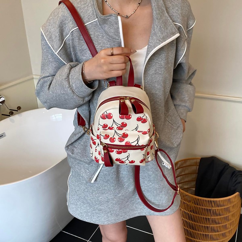AnBlack Mini Court Backpack With Cherry Print,Stylish Daypack Purse Handbag