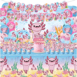 114Pcs Axolotl Birthday Party Supplies Include Happy Birthday Banner-Backdrop-Balloons-Cake Topper-Cupcake Toppers-Tableware-Plates-Napkins-Cups-Cutlery-Tablecloth for Axolotl Party Decorations