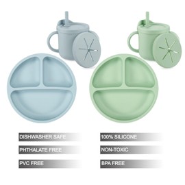 PandaEar Silicone Baby Feeding Set| 2 Pack Silicone Divided Suction Plate and 2 Pack Tiny Cup with 2 Spoons 2 Forks| Baby Led Weaning Supplies Self Feeding Eating Utensils (Light Blue/Light Green)