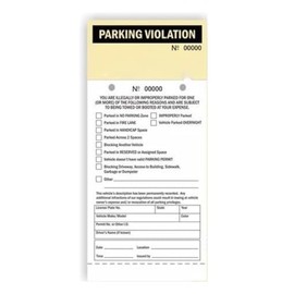 Parking Violation - 2 Part Carbonless Manila Tag with Perforation Stub, ­ 4.25" x 9.25", 50/Book