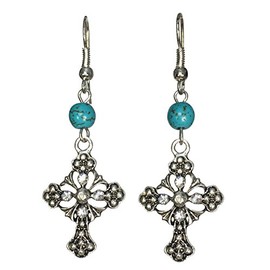 Ornate Christian Cross with Rhinestones & Bead Silver Tone Dangle Earrings (Simulated Turquoise Bead)