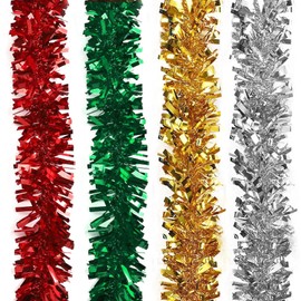 4 Colors Christmas Tinsel Garlands - 4pcs Shiny Metallic Tinsel for Xmas Tree Ceiling Decoration Wedding Birthday Party Decor, 10m Total Length (Red, Green, Gold, Silver)