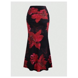 BEAUDRM Women's Floral Print Maxi Skirt Ruffle Hem Ruched Fishtail Bodycon Long Skirts Vacation Going Out Outfits Black Medium
