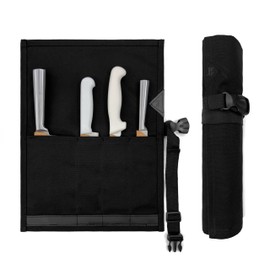 Under NY Sky Knife Roll Case - 4 Slots - Heavy Duty Waxed Canvas Pouch - Leather Reinforced - Portable Bag for Cooking Tools, Utensils, Cutlery Knives, Brushes - Chefs, Kitchen, Travel, Gift - BlackCV