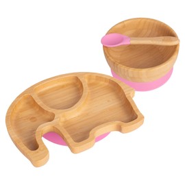 Tiny Dining Baby Dinner Set - Elephant - Pink - 3pc - Divided Non-Slip Bamboo Self-Feeding Baby Weaning Plate, Bowl & Spoon for Babies, Toddlers, Children