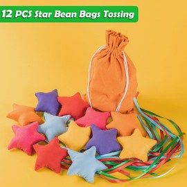 ZEBNYYA 12PCS Star Bean Bags Toss for Kids, Nylon Cornhole Bean Bags for Tossing with 1 Carry Bag, Colorful Bean Bag with Ribbons for Cornhole Toss Game Set, Party, Carnival Game, Outdoor Toy Supplies