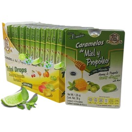 Caramelos de Miel y Propóleo Sabor Limón con Menta (Honey & Propolis Caramels Lime w/Mint Flavor) - Display Tray with 12 Packs (9 Candies Each) - Traditional Tía Trini Brand