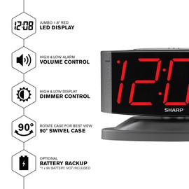 Sharp Home LED Digital Alarm Clock – Swivel Base - Outlet Powered, Simple Operation, Alarm, Snooze, Brightness Dimmer, Big Red Digit Display, Gun Metal Grey Case