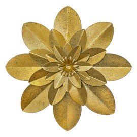 Golden Metal Flower Wall Art Decor, 9.5“ Rustic Modern Floral Sculpture, Distressed Iron Wall Hanging Home Decoration Accent Artworks for Indoor Kitchen Bedroom Living Room Office Outdoor Garden Patio