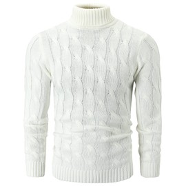 Men's Turtleneck Twisted Cable Knit Pullover Sweater Knitwear Jumper Tops, White, US M