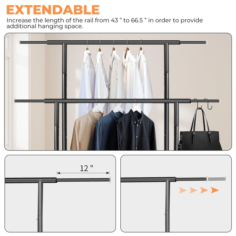 Fishat Stand Portable Black Double Rods Garment Rack with Rolling