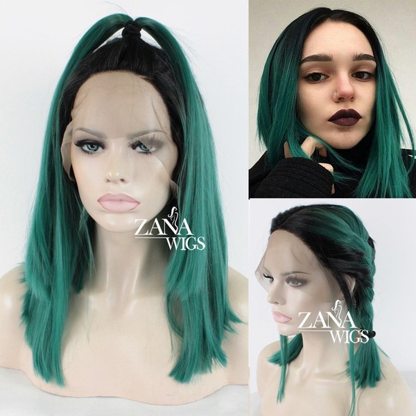 ZanaWigs Synthetic Lace Front Wig Bob Short Wigs for Black Women Ombre Green Wig Heavy 150% Density