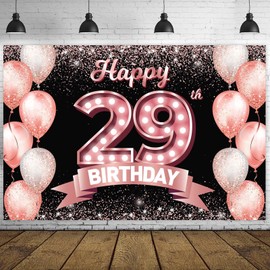 Happy 29th Birthday Rose Gold Banner Backdrop Cheers to 29 Years Old Confetti Balloons Theme Decor Decorations for Women 29 Years Old Pink Birthday Party Bday Supplies Background Favors Gift Glitter