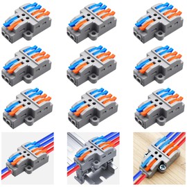 CESFONJER 2-in-4-out Terminal Blocks Kit (9 Sets), Lever Wire Connectors for Dual Input to Four Output Splicing, DIN Rail & Screw Mount, 28-12AWG Electrical Conductor, Incl Brackets & Screws