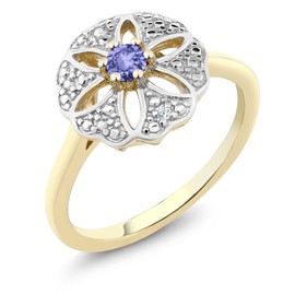 Gem Stone King 18K Yellow Gold Plated Silver Blue Tanzanite and I Diamond Engagement Ring For Women | 0.12 Cttw | Round 3MM | Gemstone December Birthstone | Size 6