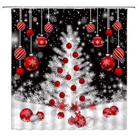 Christmas Shower Curtain,Red Xmas Ball Tree Snowflake Winter Holiday Fantasy Black White Bathroom Home Curtain Decor with Hooks,70x70 Inch