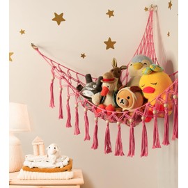 TCGPRO Stuffed Animal Toy Storage Hammock with LED Light - Macrame Jumbo Doll Corner Stuff Animals Organizer Decorations - Cute Hanging Plushie Net Kids Baby Nursery Bedroom Room Decor