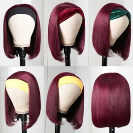 AISI Bob Headband Wig Human Hair 99J Burgundy Headband Glueless Wig Short Straight Bob Wigs for Black Women Human Hair Pre Plucked Natural Hairline Wine Red 12 Inch
