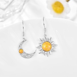 KINGWHYTE Sun and Moon Earring 925 Sterling Silver Celtic Earrings Opal Asymmetrical Funky Earrings Jewellery Gifts for Women Girls Friends, Sterling Silver, Opal