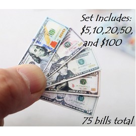 Dollhouse Miniature Replica Paper Money, 5 stacks (75 bills), 1:6 scale