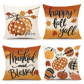 Happy Fall Y'all Pumpkin Pillow Covers 18x18 Set of 4, Autumn Thanksgiving Thankful Blessed Throw Cushion Cases for Couch Sofa, Harvest Holiday Farmhouse Home Decor