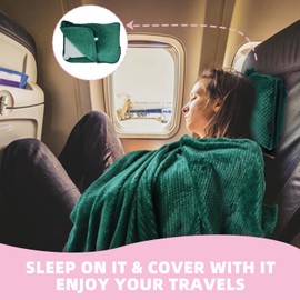 Nenolix 3 in 1 Travel Blanket Pillow Set - 350 GSM Thick Travel Blanket Airplane Compact with Bag, Soft Bag with a Pocket, Inflatable Travel Pillow for Camping & Car Trip (Dark Green)